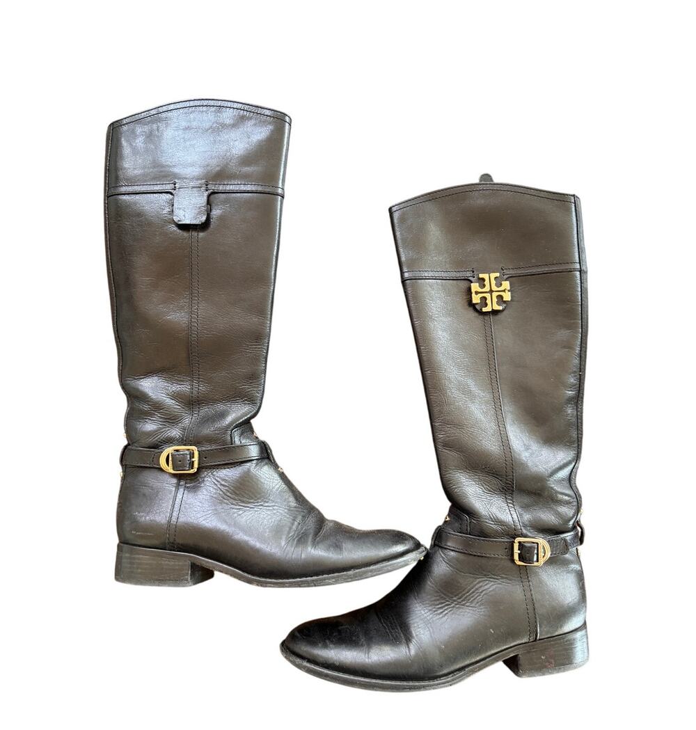 TORY BURCH Eloise Women's Boot US 8 Black Leather Zip Tall Riding Boots FLAW